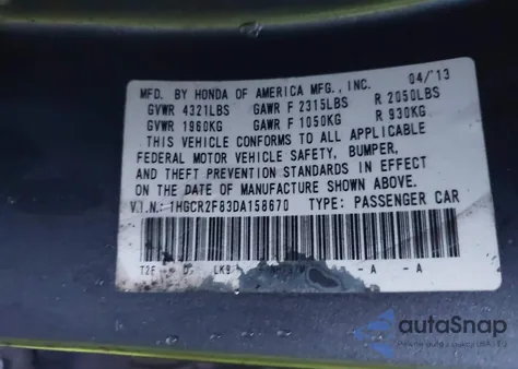 2013 Honda Accord Sdn Ex-L z USA, uszkodzony, nr VIN 1HGCR2F83DA158670